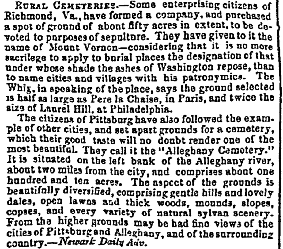 An article about rural cemeteries, Boston Semi-Weekly Atlas newspaper 3 July 1847