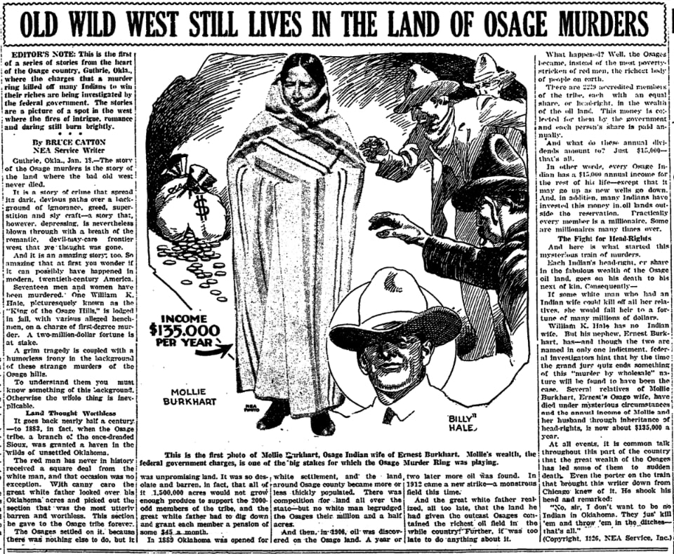 An article about the Osage murders, Daily Jeffersonian newspaper 18 January 1926