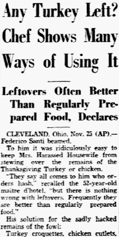 An article about Thanksgiving leftovers, Dallas Morning News newspaper 26 November 1937