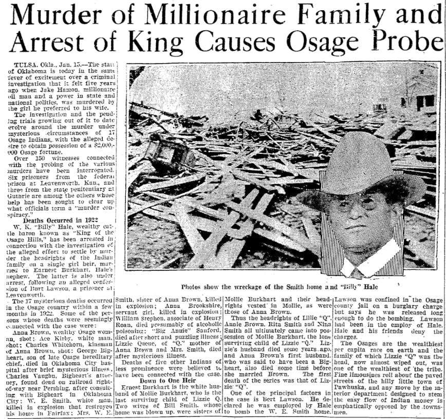 An article about the Osage murders, Evansville Journal newspaper 15 January 1926
