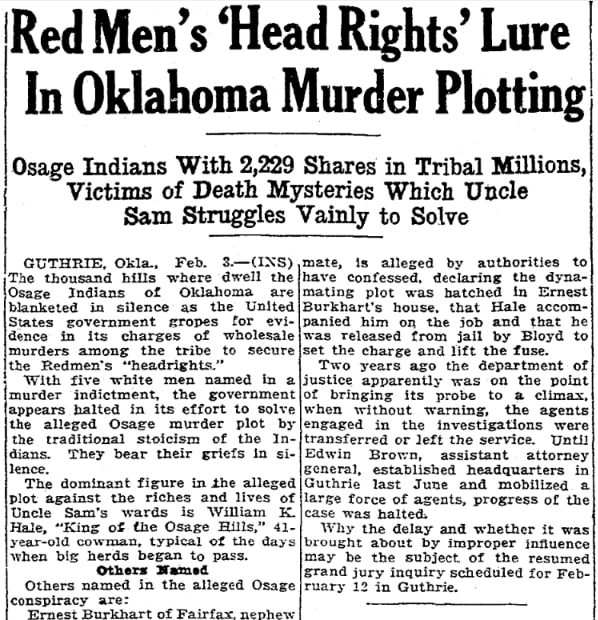 An article about the Osage murders, Evansville Journal newspaper 3 February 1926