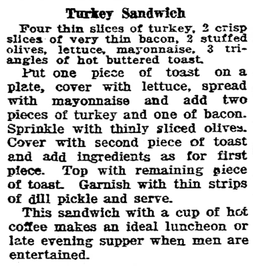 A recipe for a turkey sandwich, Evansville Press newspaper 29 November 1923