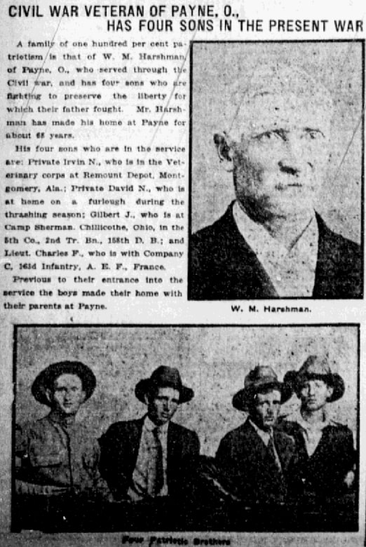 An article about William Harshman, Fort Wayne News-Sentinel newspaper 24 August 1918