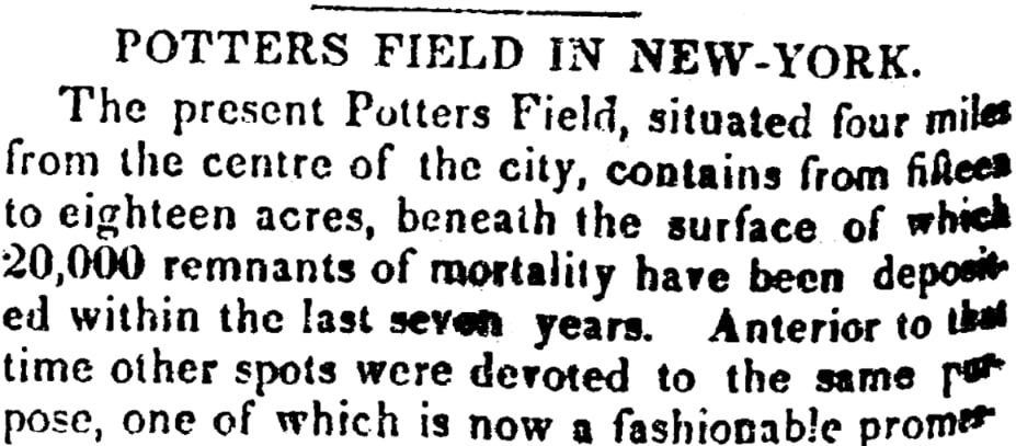 An article about a potter's field, Hampshire Gazette newspaper 19 September 1832