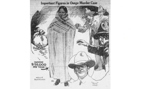Illustration: political cartoon of the Osage Indian murders depicting Mollie Burkhart and William King Hale. Credit: Daily Jeffersonian (Cambridge, Ohio), 18 January 1926, page 1.