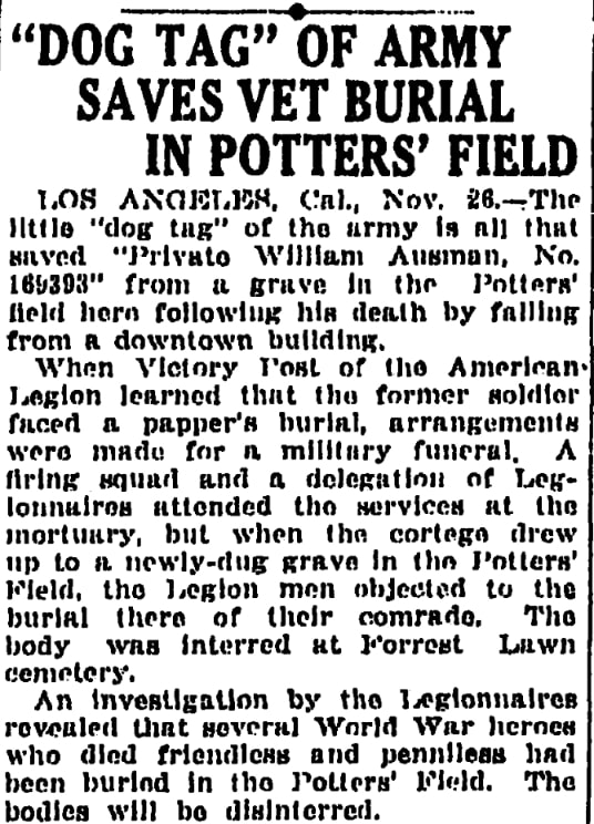 An article about a potter's field, Kalamazoo Gazette newspaper 27 November 1921