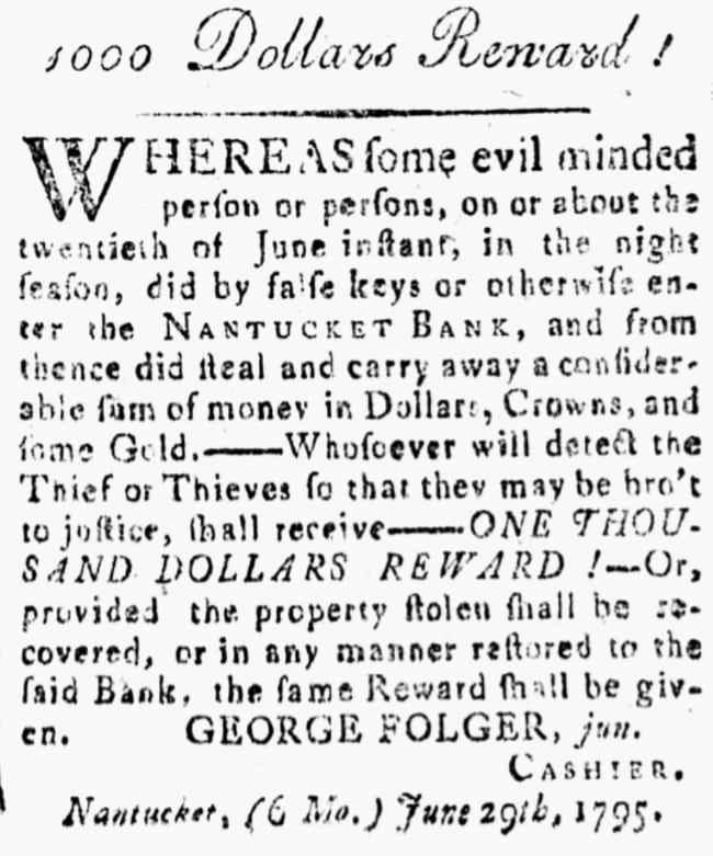 An article about the Nantucket Bank robbery, Medley or New Bedford Marine Journal newspaper 14 August 1795