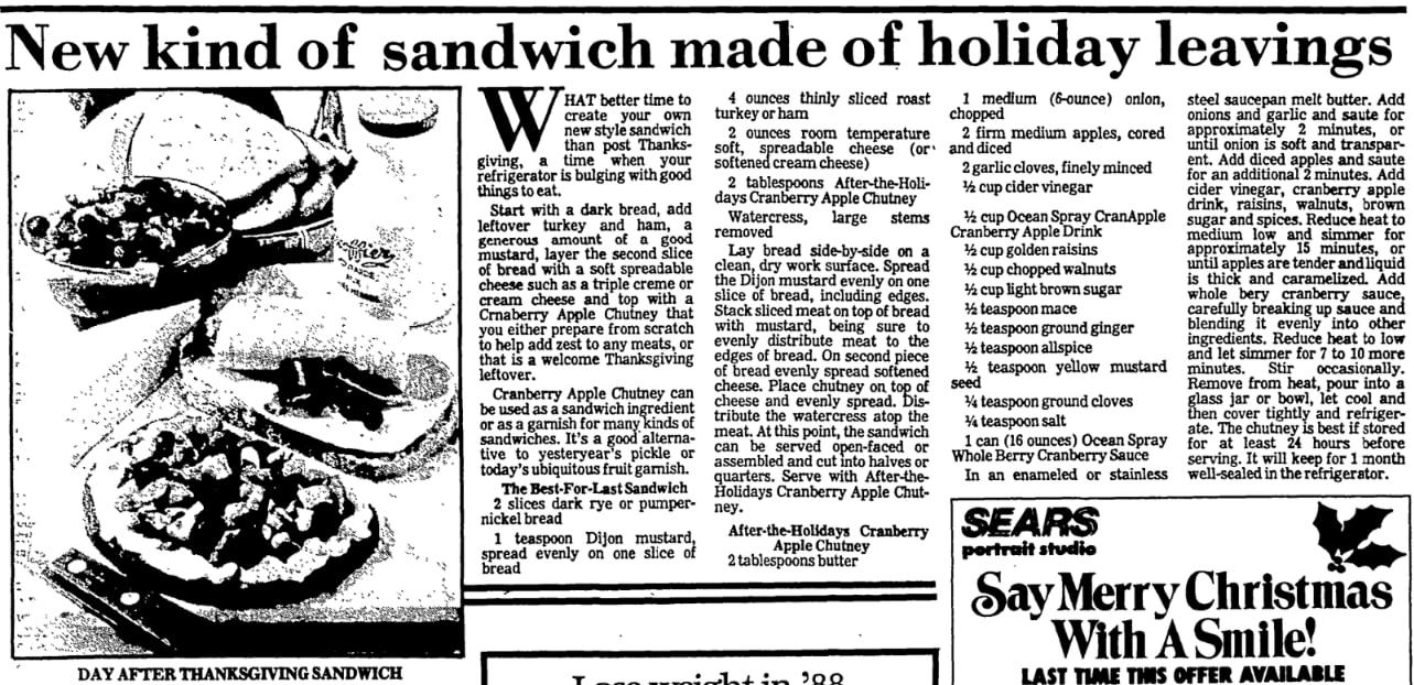 A recipe for a turkey sandwich, Morning Journal newspaper 25 November 1987