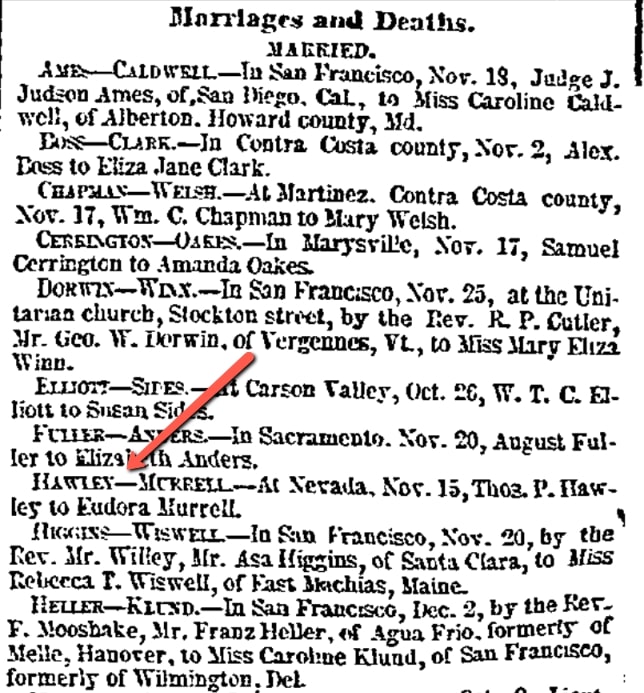 A notice about the Hawley-Murrell wedding, New York Herald newspaper 30 December 1858