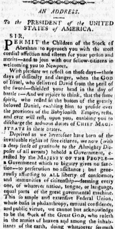 An article about Moses Seixas, Newport Herald newspaper 9 September 1790