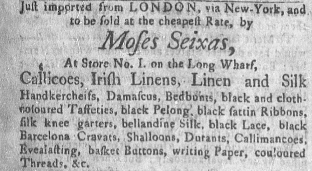 An article about Moses Seixas, Newport Mercury newspaper 30 May 1768