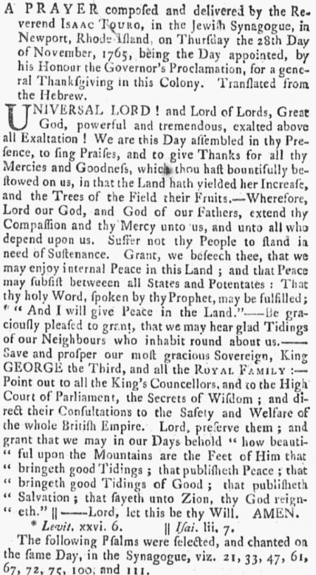 An article about a Jewish Thanksgiving prayer, Newport Mercury newspaper 2 December 1765