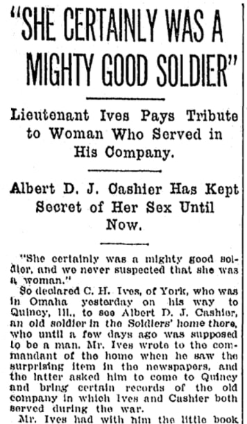 An article about Albert Cashier, Omaha World-Herald newspaper 17 May 1913