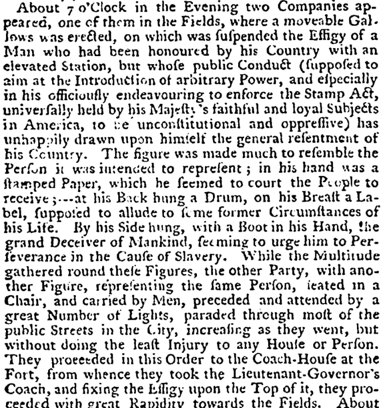 An article about protests against the Stamp Act, Pennsylvania Gazette newspaper 31 October 1765
