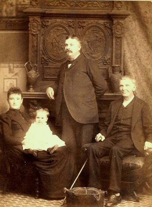 Photo: four generations of the Armstrong family (standing L to R): Edwin Newall Armstrong and his father John Edwin Armstrong; (sitting) Laura Ann Armstrong Boettger and her daughter Mabel Henrietta Boettger; 20 May 1890. Credit: Beth Gregory Warmuth.