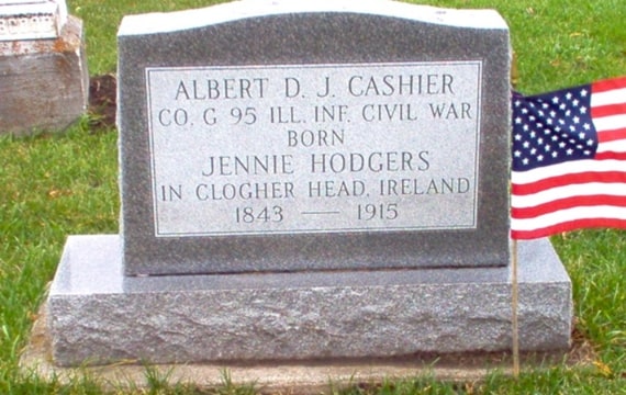 Photo: gravestone for Albert D. J. Cashier at Sunny Slope Cemetery in Saunemin, Livingston County, Illinois. Cashier was buried with full military honors. Credit: Nancy, Doug, and Linda Bell of Illinois.
