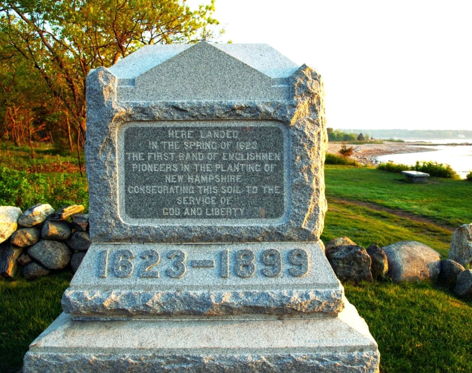 Photo: monument to the first settlers of New Hampshire, at Odiorne Point, Rye, New Hampshire. Credit: Great American Treasures – National Society of the Colonial Dames of America.