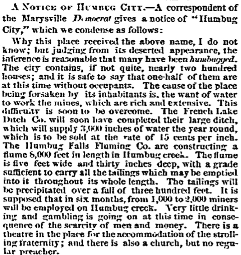 An article about Humbug City, San Francisco Bulletin newspaper 22 November 1858
