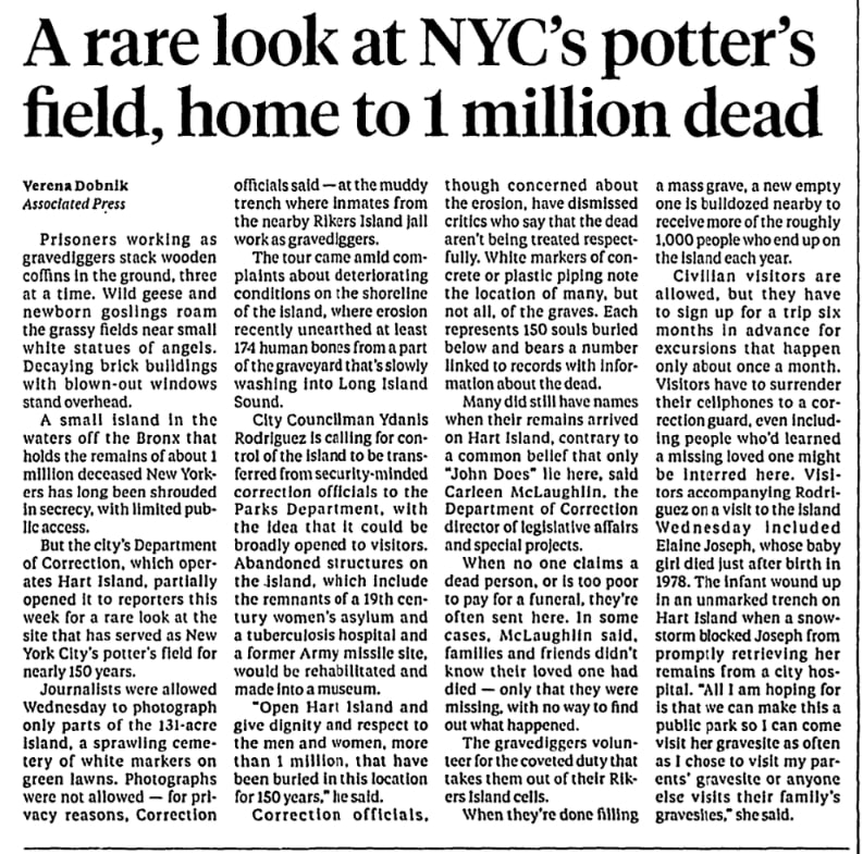 An article about a potter's field, Staten Island Advance newspaper 25 May 2018