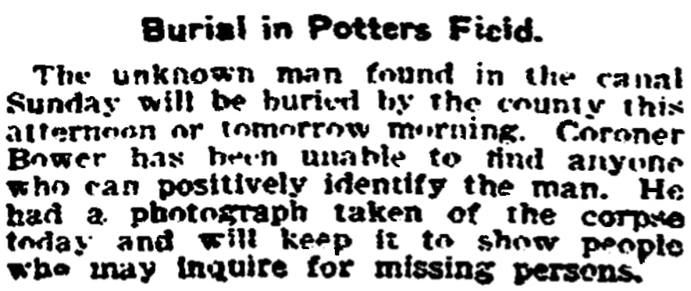 An article about a potter's field, Trenton Evening Times newspaper article 22 November 1905