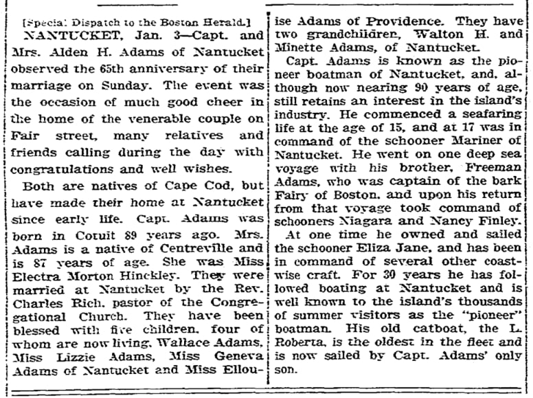 An article about Alden and Electra Adams, Boston Herald newspaper 4 January 1910