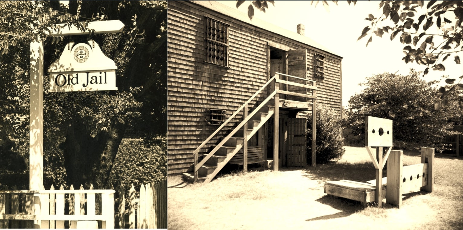 Photos: (right) the Old Goal, 15 Vestal St., Nantucket, Massachusetts, and (left) a sign on the edge of the property. Credit: Nantucket Historical Society.