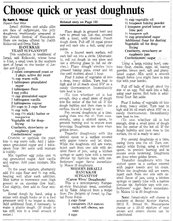 Sufganiyot recipes, Columbus Dispatch newspaper 4 December 1996