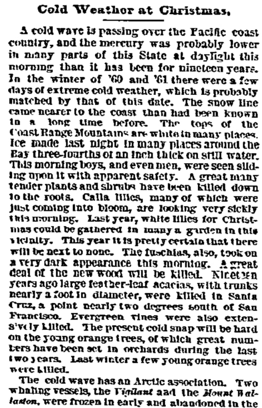 An article about cold weather, Daily Evening Bulletin newspaper 24 December 1879
