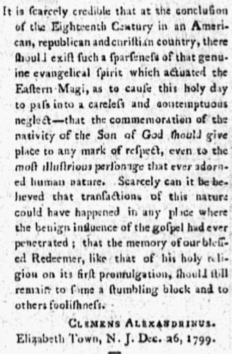An article about Christmas, Gazette of the United States newspaper 2 January 1800