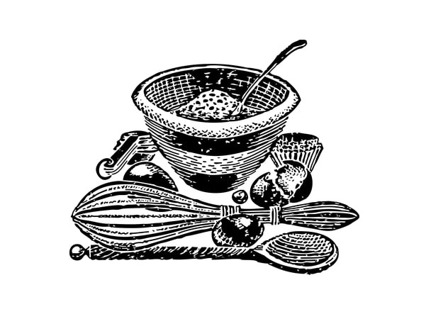 Illustration: mixing bowl and cooking utensils