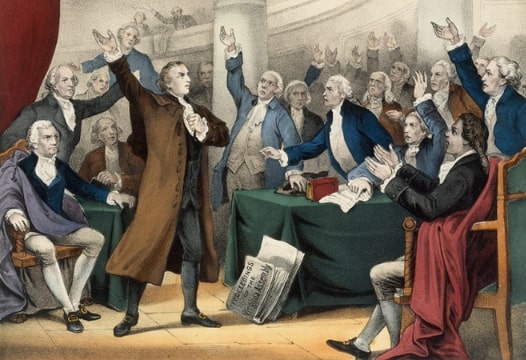 Illustration: “Give Me Liberty or Give Me Death!” Patrick Henry delivering his great speech on the Rights of the Colonies, before the Virginia Assembly, convened at Richmond, 23 March 1775. His concluded his speech with the above sentiment, which became the war cry of the Revolution. Credit: Currier & Ives; Metropolitan Museum of Art; Wikimedia Commons.
