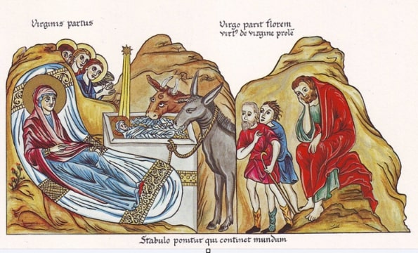 Illustration: “Nativity of Christ,” medieval illustration from the “Hortus Deliciarum” of Herrad of Landsberg, c. 1180. Credit: Wikimedia Commons.