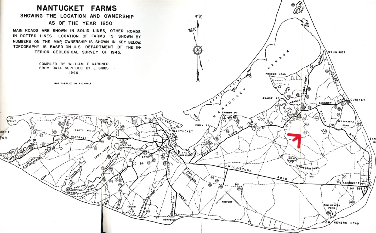 Map: Nantucket farms in 1850, compiled by William E. Gardner. Number 5 is the farm of Joseph Folger on Polpis Road. Courtesy of the Nantucket Historical Association.