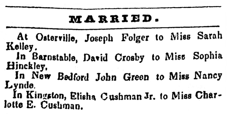 Marriage announcements, Nantucket Inquirer newspaper 9 June 1838