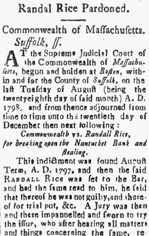 An article about Randall Rice, New Bedford Marine Journal newspaper 4 January 1799