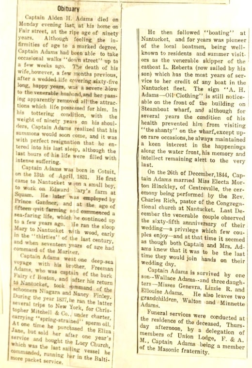 Photo: obituary for Alden Adams. Courtesy of the Nantucket Historical Association.