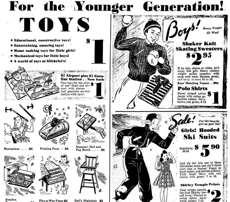 A Christmas ad for toys, Quincy Patriot Ledger newspaper 8 December 1939