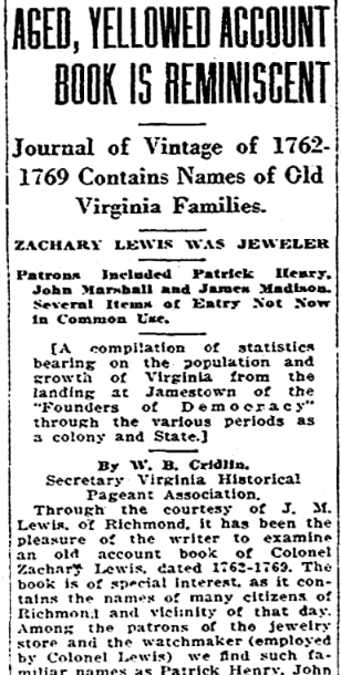 An article about early Virginia family lines, Richmond Times-Dispatch newspaper 2 April 1922