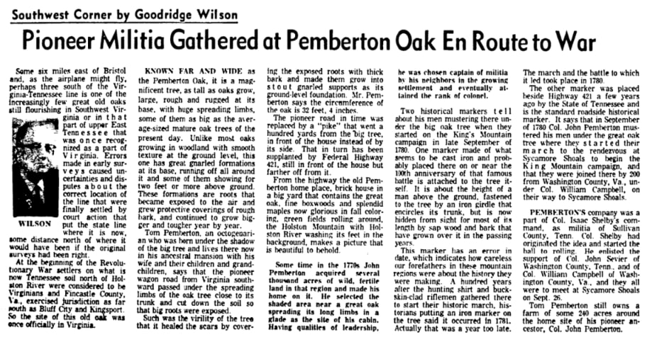 An article about the Pemberton Oak and the Battle of King's Mountain, Roanoke Times newspaper 8 November 1959