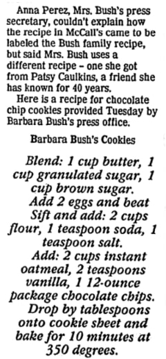 A recipe for chocolate chip cookies, San Antonio Light newspaper 29 July 1992