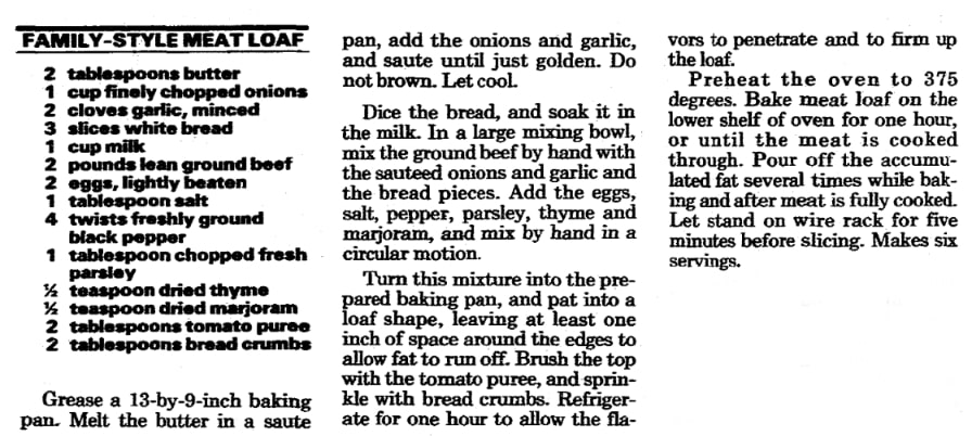 A meatloaf recipe, Times-Picayune newspaper 3 March 1988