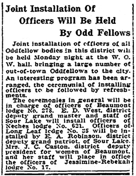 An article about the Oddfellows, Beaumont Journal newspaper 16 January 1922