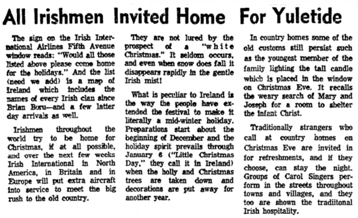 An article about Irish Christmas customs, Boston Herald newspaper 18 December 1966