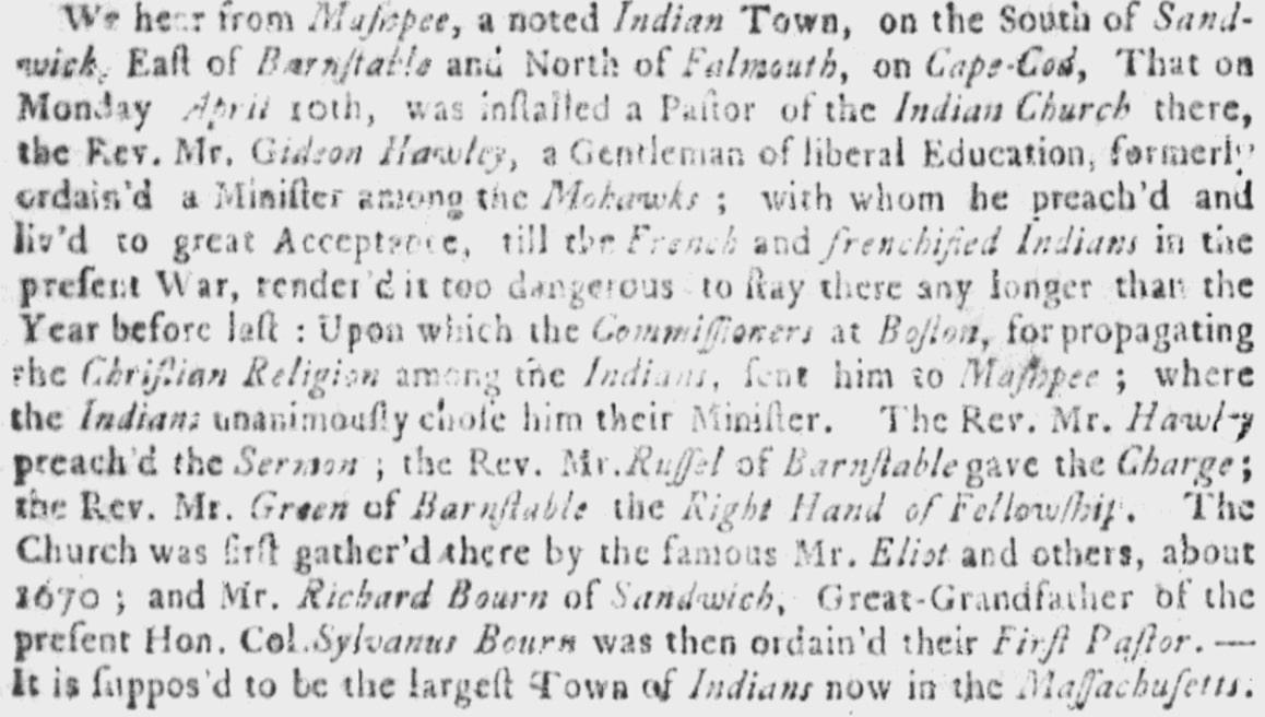 An article about Gideon Hawley, Boston News-Letter newspaper 27 April 1758