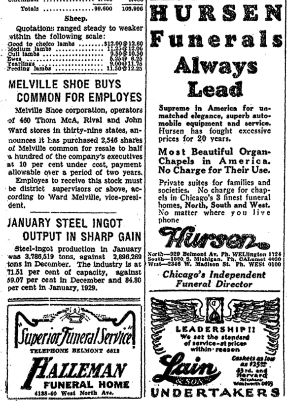 Ads for funeral homes, Chicago Daily News newspaper 7 February 1930