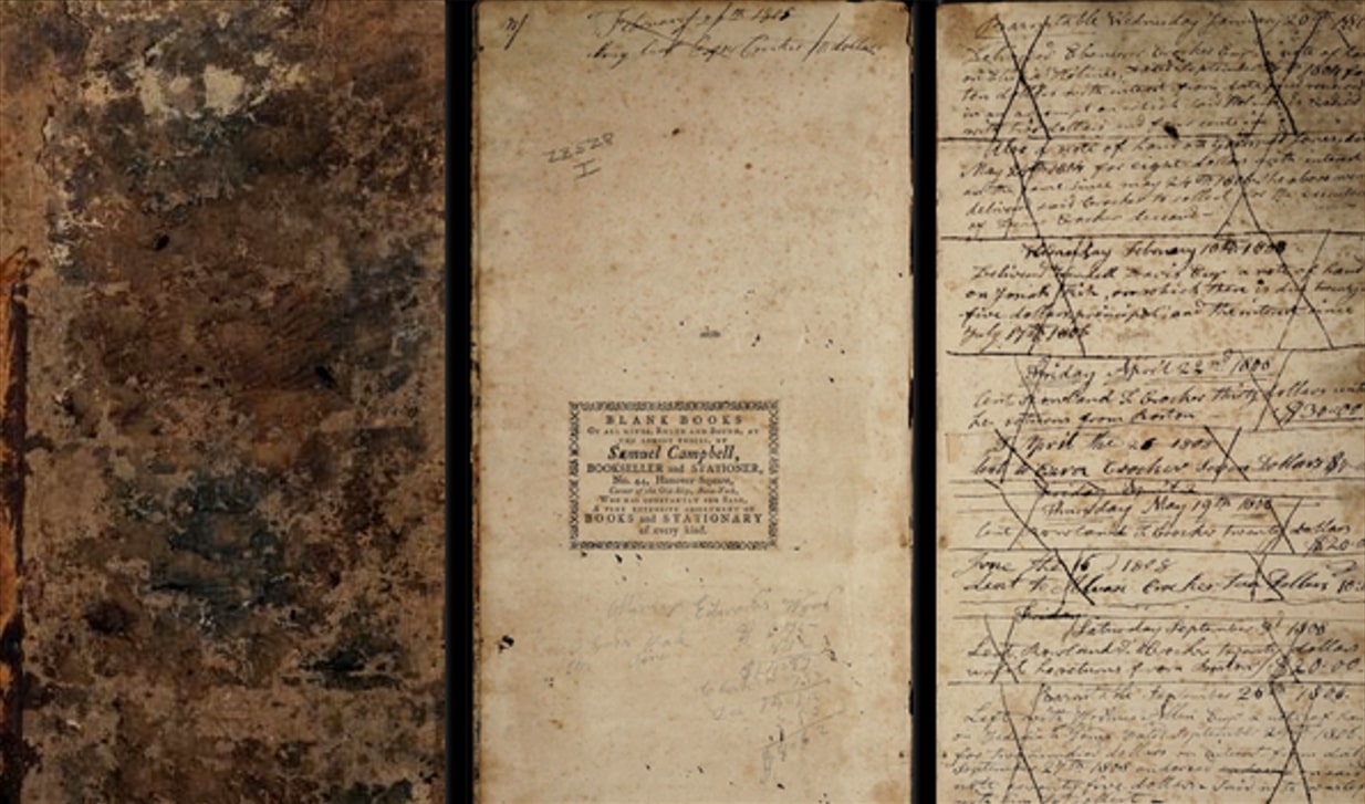 Photos: cover and a page from the Crocker Account Book. Courtesy of the Cahoon Museum.