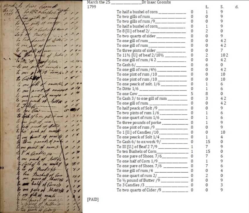 Photos: page 71 of the Crocker account book showing entries for Isaac Coombs, with a transcription on the right listing rum, salt, corn, beef, etc. Courtesy of the Cahoon Museum.