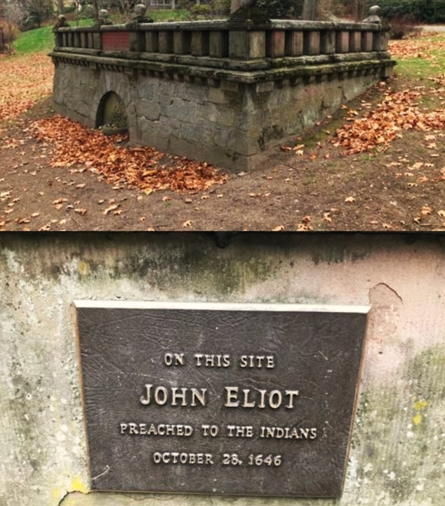 Photos: John Eliot memorial; (bottom) a plaque bearing his name. Credit: Atlas Obscura.