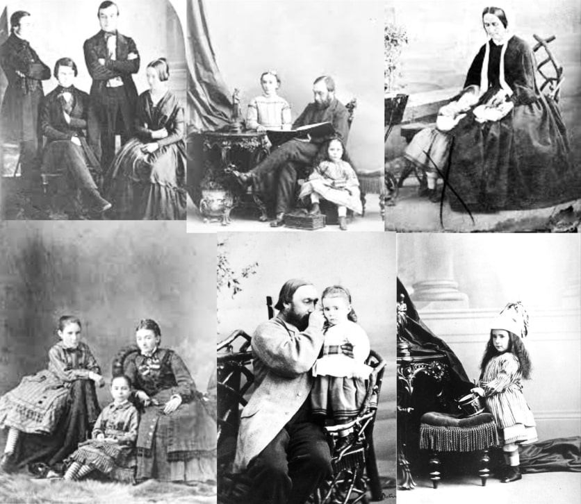 Photos: (Top, left to right) three Frothingham men with Louisa Goddard Frothingham; George Henry Frothingham (son of John Frothingham Jr. and Louisa Goddard Archibald) sitting in chair with daughters Mary “May” Louisa Frothingham, standing, and Harriet “Hattie” Frothingham, sitting; Louisa Goddard Archibald Frothingham with girl. (Bottom, left to right) Louisa Davenport Hayward (Mrs. George Henry Frothingham) sitting in chair with daughters Mary “May” Louisa Frothingham, on the left, and Harriet “Hattie” Frothingham, in the center; George Henry Frothingham sitting in chair whispering a secret into the ear of his daughter Mary “May” Louisa Frothingham; Harriet “Hattie” Frothingham. Credit: McCord Stewart Museum, Canada.
