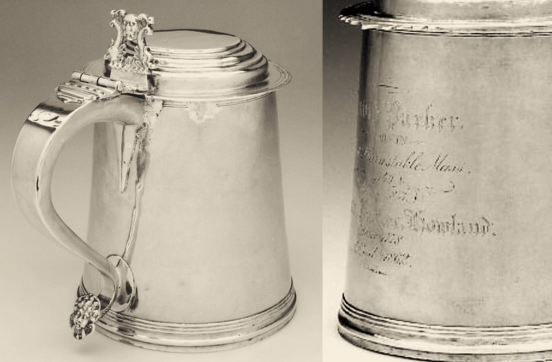 Photos: (left) silver tankard made by John Noyes for David Parker (d. 1788) of Barnstable, Massachusetts. (right) inscription on tankard. Bequest of Mrs. Carle R. Hayward. Courtesy of the Museum of Fine Arts, Boston, Massachusetts.